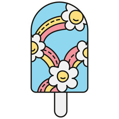 groovy ice cream, groovy boho popsicle in doodle color line style. Colorful ice cream pop with flowers and rainbows on a blue background.