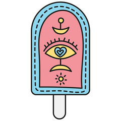 groovy ice cream, groovy boho popsicle in doodle color line style. Colorful popsicle with whimsical eye and heart design.