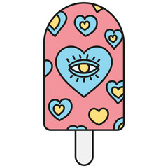 groovy ice cream, groovy boho popsicle in doodle color line style. Colorful ice cream popsicle with heart patterns and an eye design.