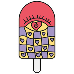 groovy ice cream, groovy boho popsicle in doodle color line style. Colorful ice pop with heart patterns and playful design in doodle color line style