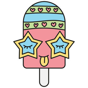recommend clip art: groovy ice cream, groovy boho popsicle in doodle color line style. Cute cartoon ice cream pop with star-shaped glasses and playful expression.