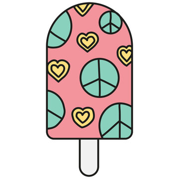 recommend clip art: groovy ice cream, groovy boho popsicle in doodle color line style. Colorful ice cream pop with peace and heart patterns.