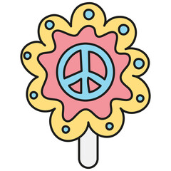 groovy ice cream, groovy boho popsicle in doodle color line style. Colorful lollipop with peace symbol in the center.