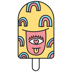 groovy ice cream, groovy boho popsicle in doodle color line style. Playful ice cream design with rainbow patterns and a whimsical face.