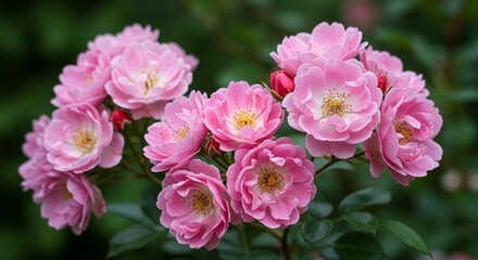 Fototapeta premium Elegant Clusters of Pink Garden Rose Rosa Multiflora in Detailed Botanical 4K Close Up Showing Delicate Petals and Dark Green Foliage for Wedding and Valentine's Day