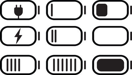 Low Battery Icon Set – Flat Vector Power Symbols for Mobile , Battery Low Symbol Vector – Power Warning Icon ,Battery Empty Icons – Minimalist Power Icons