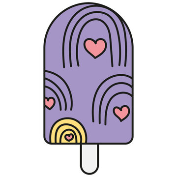 recommend clip art: groovy ice cream, groovy boho popsicle in doodle color line style. Colorful ice cream popsicle with hearts and rainbow designs.