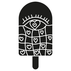 groovy ice cream, groovy boho popsicle in doodle glyph style. Colorful ice pop with heart patterns and playful design in doodle glyph style