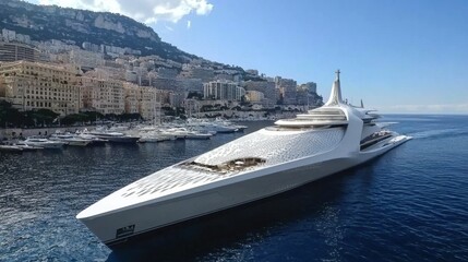 Luxury superyacht anchored in Monaco's harbor against a backdrop of stunning architecture and coastline