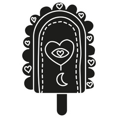 groovy ice cream, groovy boho popsicle in doodle glyph style. Colorful ice cream popsicle with heart and moon design.