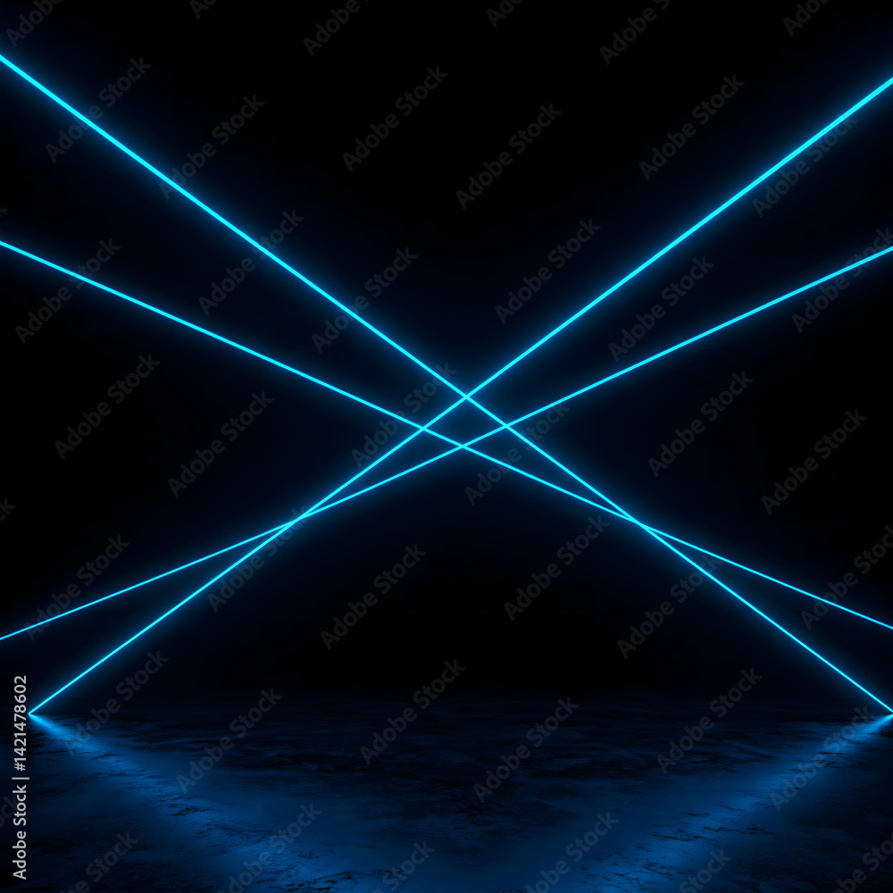 Poster illuminating blue laser beams in dark: futuristic geometric abstraction with crossing illuminated ne