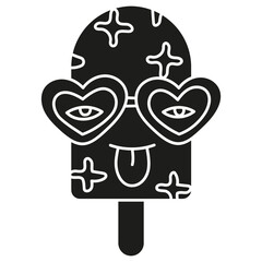 groovy ice cream, groovy boho popsicle in doodle glyph style. Playful ice cream pop with heart-shaped glasses and a tongue out.