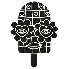 groovy ice cream, groovy boho popsicle in doodle glyph style. Colorful ice cream graphic with heart motifs and playful design.