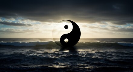 Yin Yang Symbol Over Ocean at Sunset