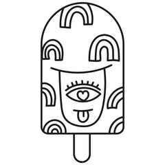groovy ice cream, groovy boho popsicle in line style. Playful ice cream design with rainbow patterns and a whimsical face.