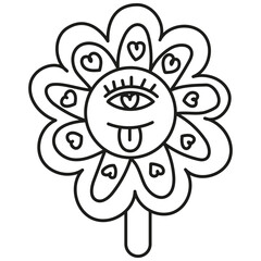 groovy ice cream, groovy boho popsicle in line style. Colorful flower lollipop with an eye and playful elements.