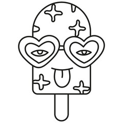 groovy ice cream, groovy boho popsicle in line style. Playful ice cream pop with heart-shaped glasses and a tongue out.