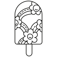 groovy ice cream, groovy boho popsicle in line style. Colorful ice cream pop with flowers and rainbows on a blue background.