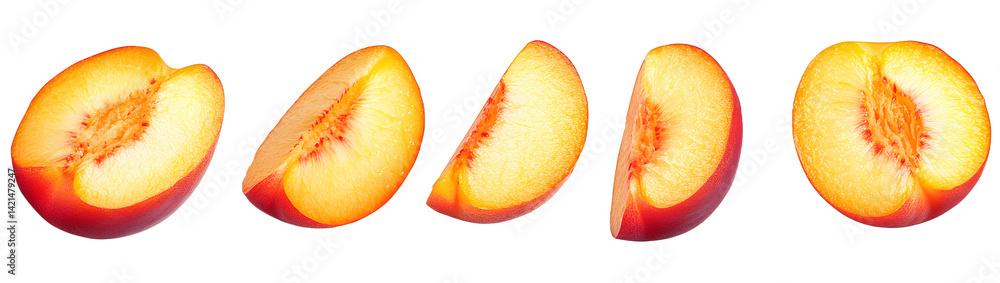 Poster peach slice isolated. peach slices collection on white background. peach pieces set with clipping pa