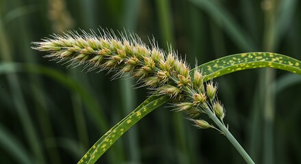 Detailed Botanical Close Up of Millet Panicum Miliaceum Featuring Seed Head and Leaf Arrangement in a Natural Green Field Highlighting Agricultural Beauty