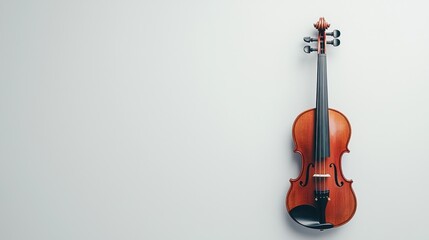 Beautiful wooden violin resting against a neutral wall in a softly lit space, showcasing its craftsmanship and elegance