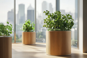 Fototapeta premium Modern wooden planters with green plants near a city view window