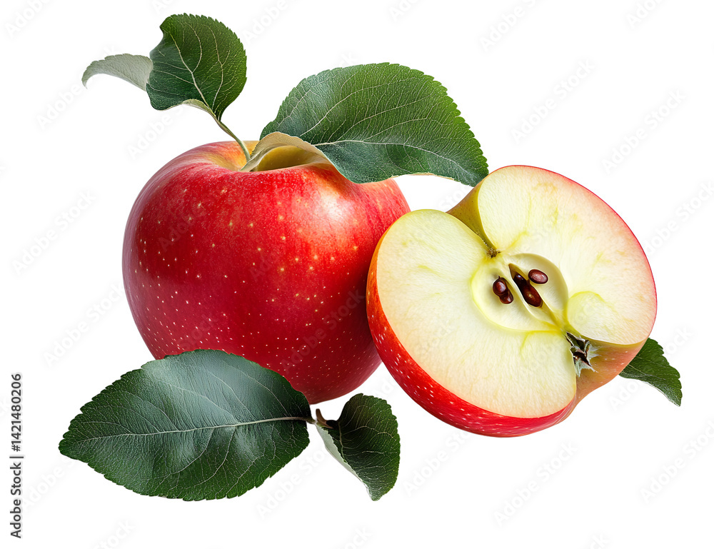 Poster apple half with red apple isolated. apples with green leaves on white background. red appl with clip