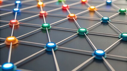 LLM Neural Network Model. A close-up view of a colorful network of interconnected lights on a dark surface, showcasing a vibrant pattern and technology theme.