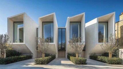 Modern architectural design showcases unique angular shapes in urban setting with clear blue skies