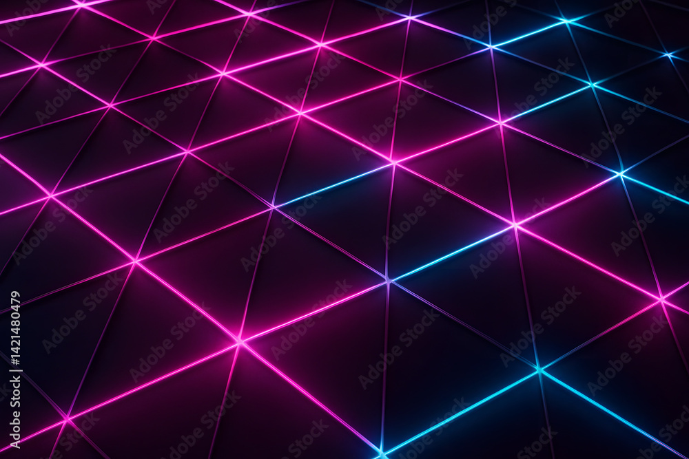 Poster neon grid: an abstract and stylish image with a network of glowing neon lines in vivid pink and blue