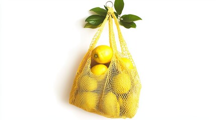 Fresh yellow lemons in a reusable string bag hanging mesh food diet fruit juicy zesty white clean