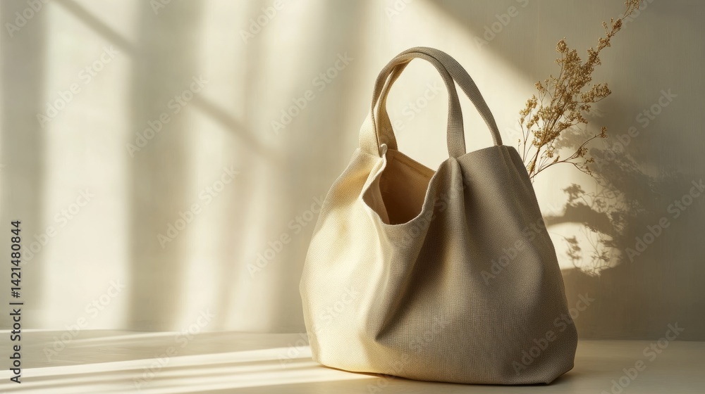 Poster light beige bag with a soft texture displayed on a neutral backdrop, emphasizing a calm, eco-modern 