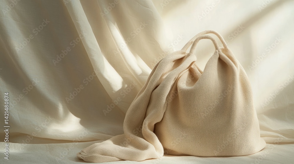 Poster light beige bag with a soft texture displayed on a neutral backdrop, emphasizing a calm, eco-modern 