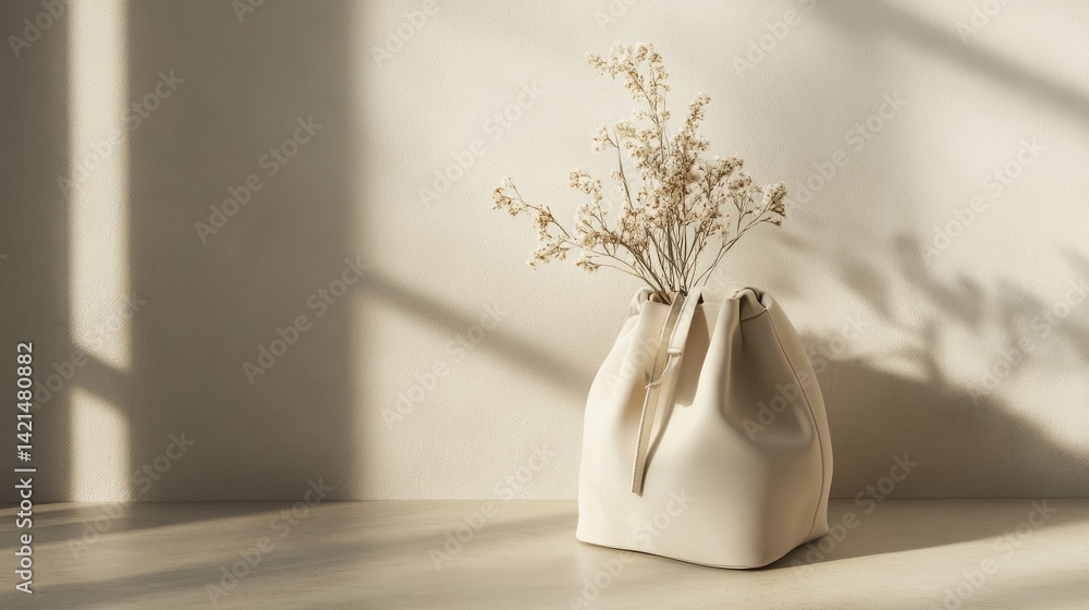 Poster light beige bag with a soft texture displayed on a neutral backdrop, emphasizing a calm, eco-modern 
