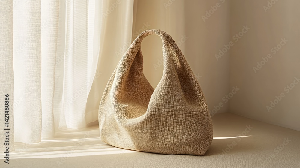 Poster light beige bag with a soft texture displayed on a neutral backdrop, emphasizing a calm, eco-modern 