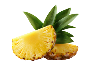 Pineapple slices with leaves. Cut pineapple isolate. Cut pineapple on white. Full depth of field.