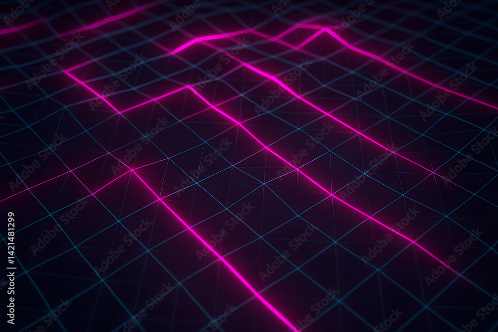Poster digital terrain in pink: an abstract digital representation of a topographic map, illuminated by vib