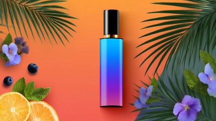 Perfume bottle mockup displaying on orange background surrounded by tropical plants