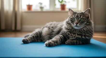 Naklejka premium Fluffy Gray Cat Relaxing on Blue Yoga Mat Indoors near Window
