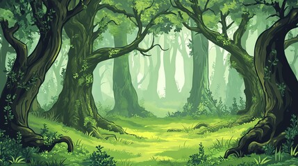 Misty forest path lush green nature background ideal for game design and fantasy illustrations