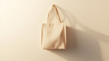 Simple beige eco bag centered on a seamless white backdrop, soft shadows accentuate clean lines and minimalistic style
