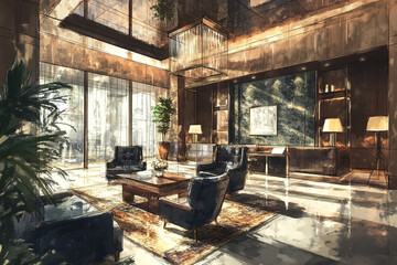 Luxurious lobby design modern furniture large windows natural light elegant space sophisticated ambiance