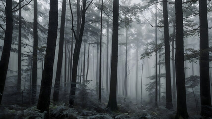 Fototapeta premium Monochrome Misty Forest Landscape with Dreamlike Mood