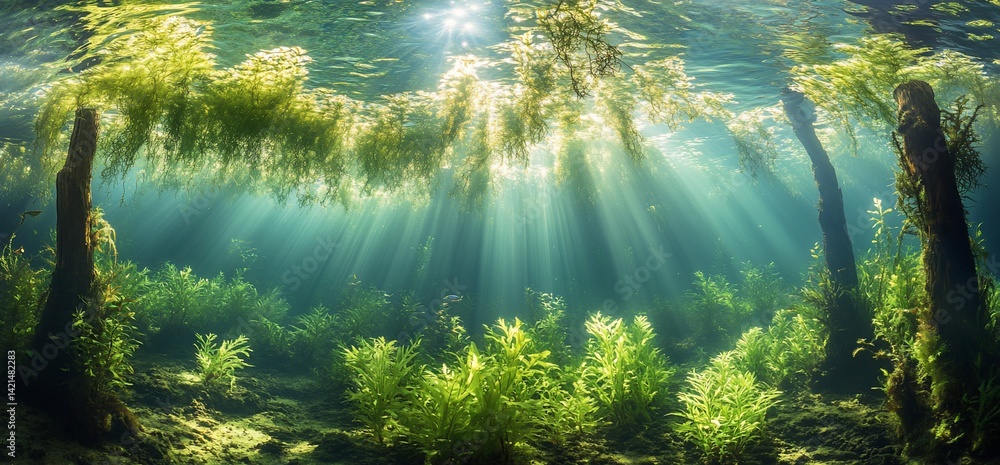 Aufkleber sunlight filtering through submerged aquatic plants creating an ethereal underwater scene