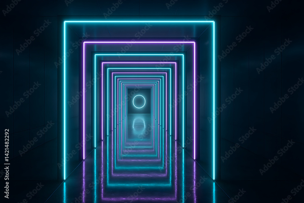 Poster neon tunnel of light: a mesmerizing, symmetrical composition of a luminous neon tunnel, featuring vi