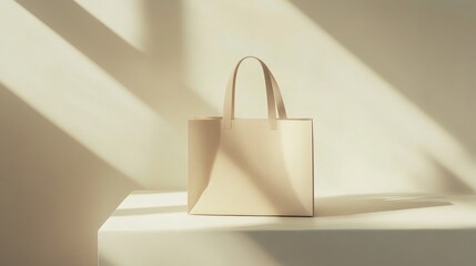 Subtle beige paper tote on a pale flat surface, modern lighting casts soft shadowing, creating a quiet minimalist vibe