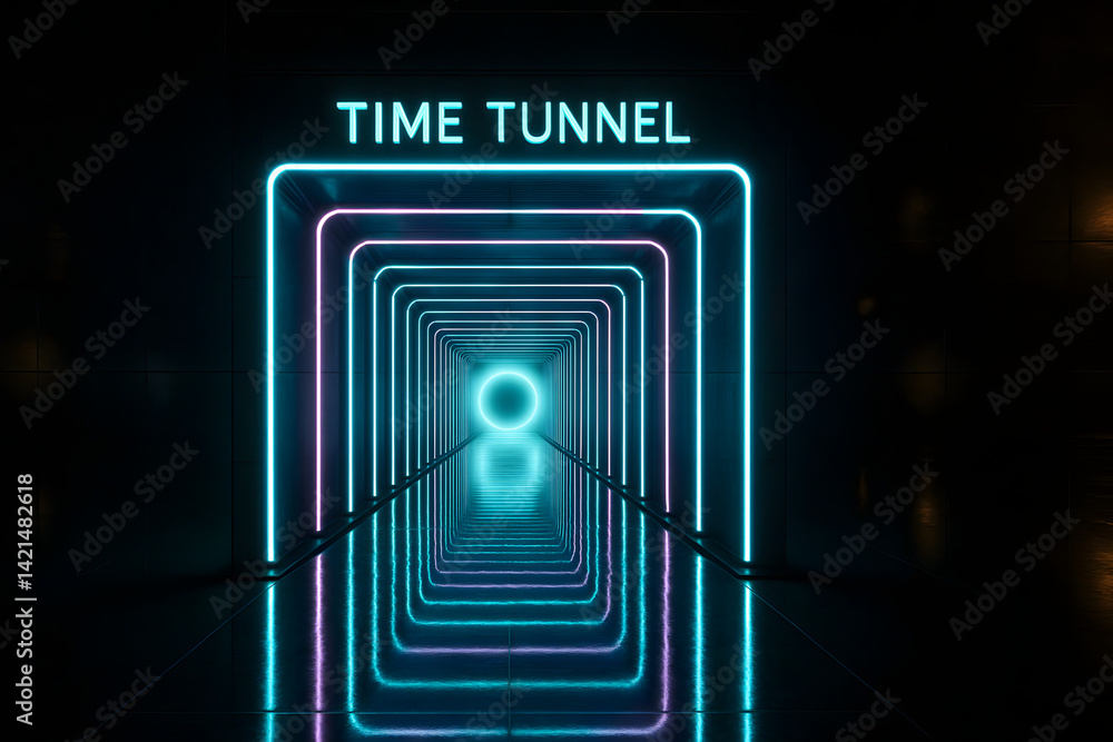 Poster time tunnel : journey through a neon-lit tunnel and visualize the passage of time. the image encapsu