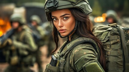 Stunning military woman with long brown hair, wearing tactical uniform and helmet, focused expression, outdoor conflict zone background with soldiers, vehicles and subtle explosions