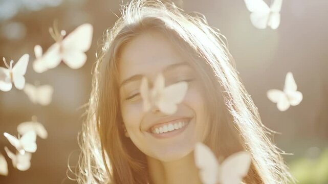 Girl smiling with white butterflies flying around her, slow pan. 4K
