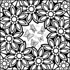 Printable coloring page summer concept. Coloring book activity. Outline vector illustration. Black and white butterflies and flowers. Coloring book for adult and kids.